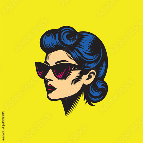 Vintage retro cool girl face head wearing sunglasses rockabilly hairstyle vector illustration template design