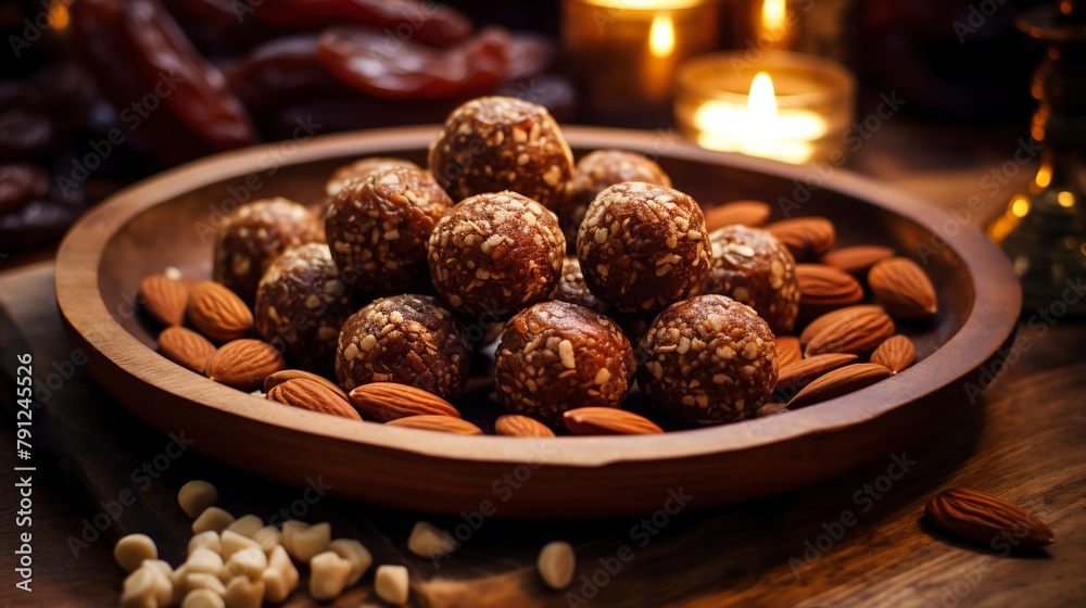 Close-up of raw energy balls made with dates, nuts, and seeds, arranged in a pattern on a bamboo plate, under soft lighting. Close-up of raw energy balls made with dates, nuts, and seeds, arranged in a pattern on a bamboo plate, under soft lighting.
