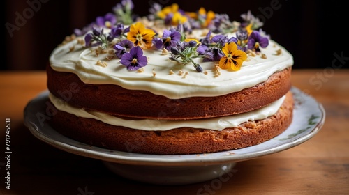 Spelt flour carrot cake  close-up  decorated with a light cream cheese frosting and edible flowers  on a ceramic stand. 