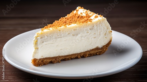 Close-up of a classic New York cheesecake with a golden graham cracker crust  on a white porcelain plate. --ar 16 9 --v 5.2 Job ID  01303b80-0a98-456d-b123-aa7520f922fd