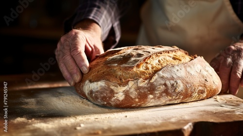 Close-up of a baker's lame scoring a loaf of bread, focusing on the blade's precision cut and the artisan dough. 