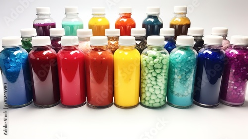A vibrant assortment of food coloring in dropper bottles, close-up, on a white surface, ready to be used in baking decorations.