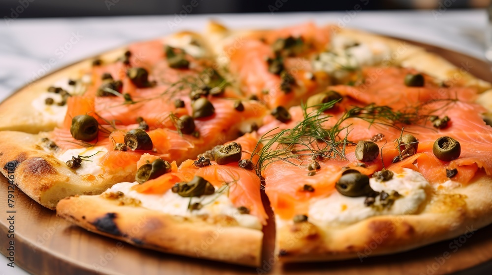 Artisan pizza with smoked salmon, capers, and dill, close-up, emphasizing the fresh, bright flavors, on a marble countertop. Artisan pizza with smoked salmon, capers, and dill, close-up, emphasizing the fresh, bright flavors, on a marble countertop.