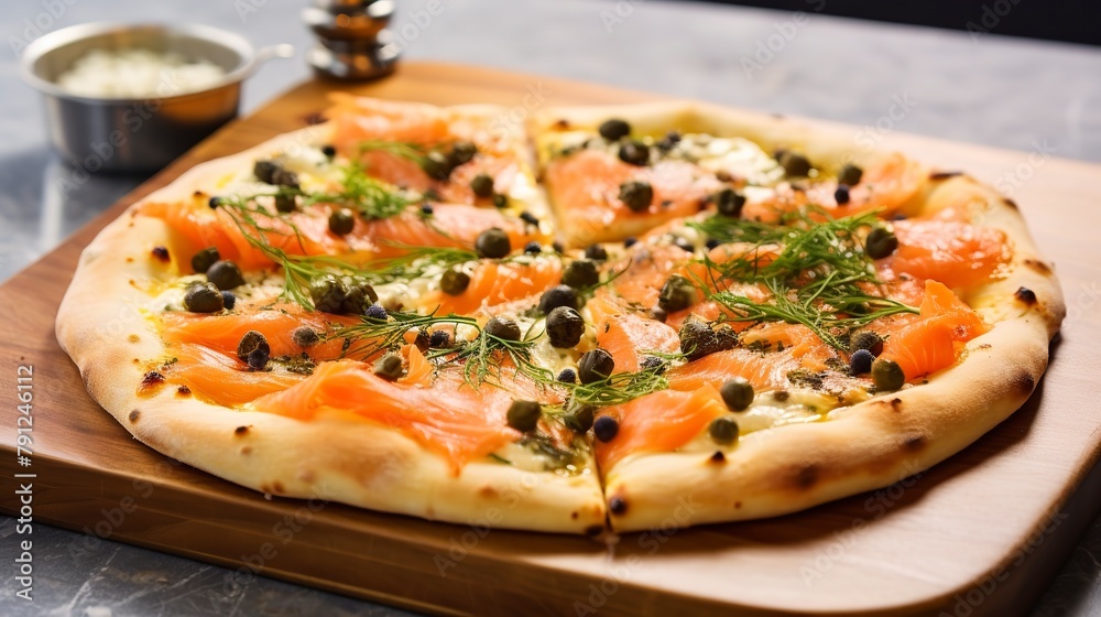 Artisan pizza with smoked salmon, capers, and dill, close-up, emphasizing the fresh, bright flavors, on a marble countertop.