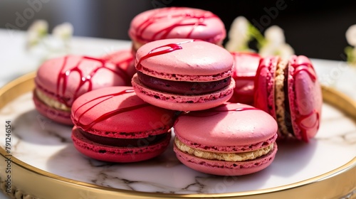 Close-up of vibrant raspberry macarons, with a glossy ganache filling, displayed elegantly on a marble slab.
