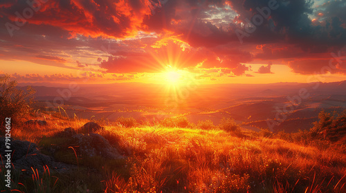 sunrise paints the sky with vibrant hues of orange and pink, casting a golden glow over the landscape, 
