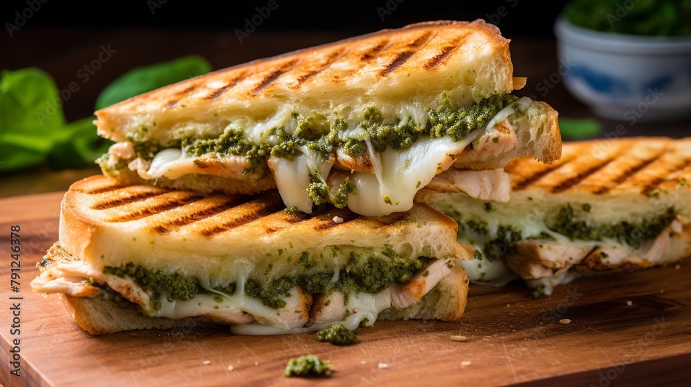 Close-up of a chicken pesto panini, with grill marks visible and basil pesto oozing out, on a cutting board. 
