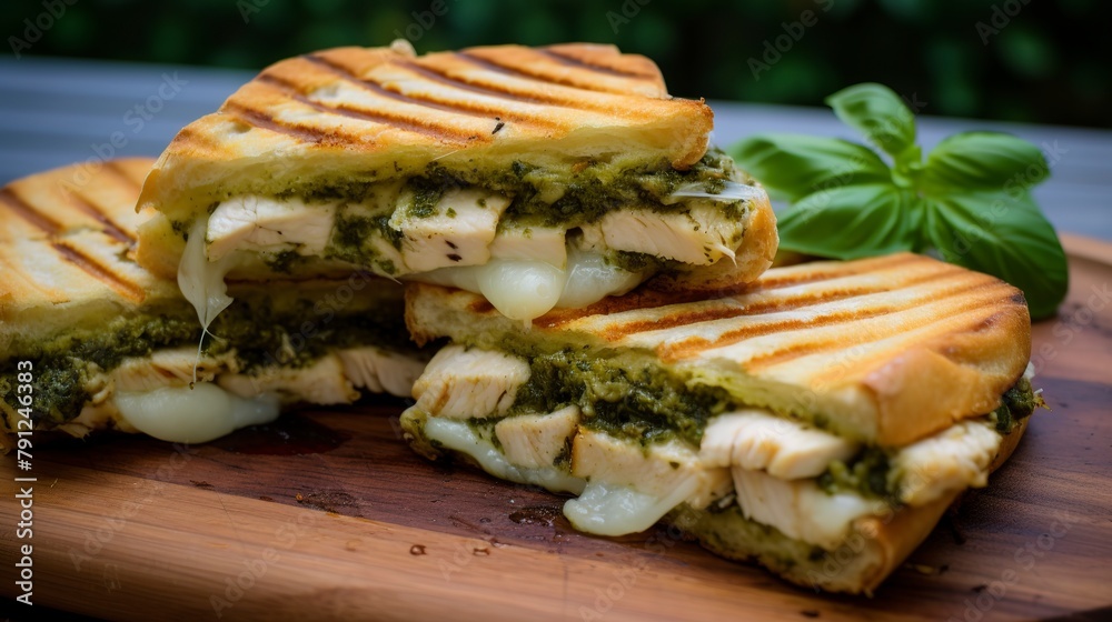 Close-up of a chicken pesto panini, with grill marks visible and basil pesto oozing out, on a cutting board. Close-up of a chicken pesto panini, with grill marks visible and basil pesto oozing out, on a cutting board.