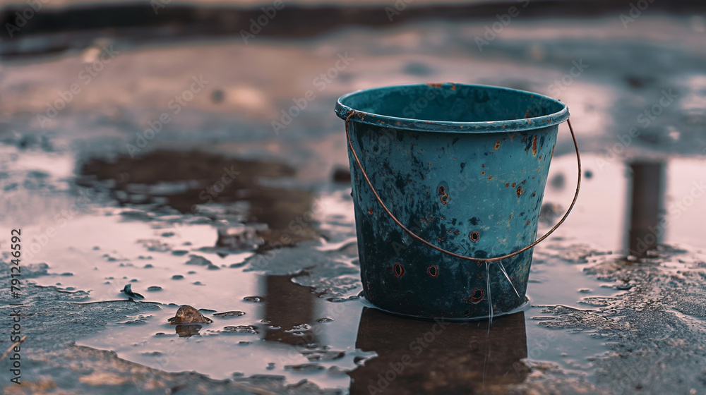 A striking image illustrating the contrast of a rusty bucket on the glossy wet surface of an urban setting at dusk A striking image illustrating the contrast of a rusty bucket on the glossy wet surface of an urban setting at dusk