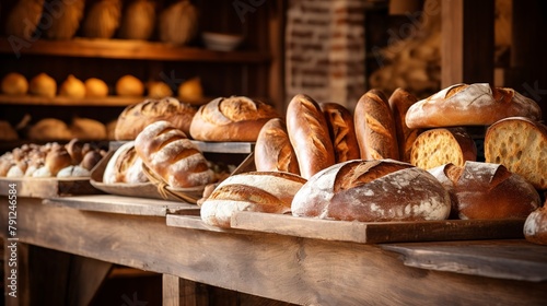 Artisan breads showcased on wooden shelves, close-up, with each loaf having a descriptive label, in a rustic bakery setting. photo