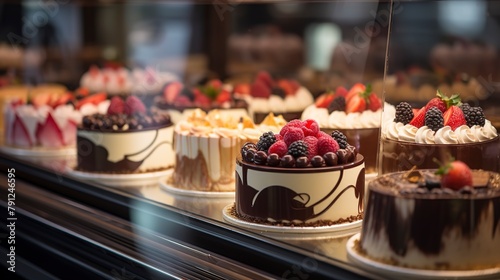 Close-up of a refrigerated showcase filled with decadent cheesecakes and tortes, each elegantly decorated, in a high-end bakery.  photo