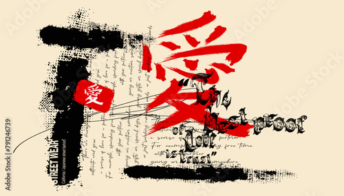 Japanese kanji love  slogan brush, graffiti slogan print with neon spray, t shirt graphics print vector illustration design, Urban typography hipster street art for graphic t- shirt,