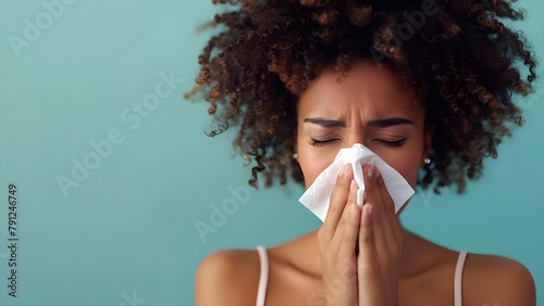Woman with tissue blowing nose to manage cold symptoms during allergy season. Concept Allergy Season, Common Cold, Health and Wellness, Symptoms Management, Self-care