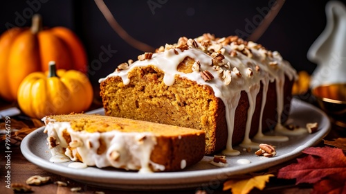 Fototapeta Naklejka Na Ścianę i Meble -  Pumpkin spice loaf with a maple glaze, close-up, showcasing the moist crumb and autumn spices, on a festive table runner.