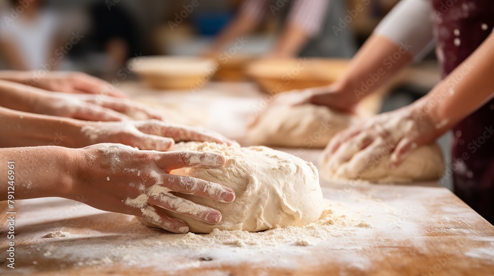 Close-up of a group of students kneading dough on floured surfaces during a bread-making workshop, focusing on the hands and dough.