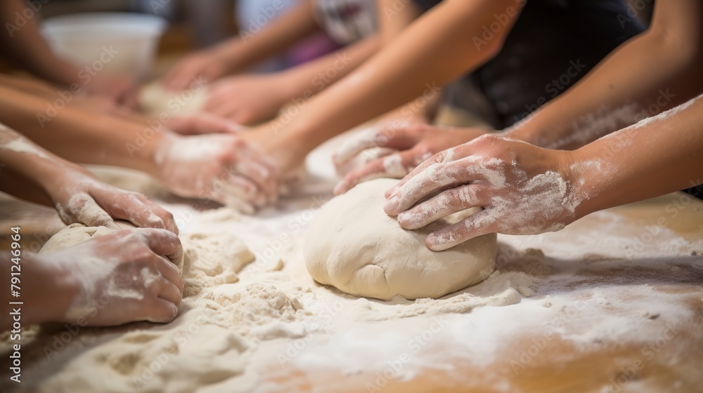 Close-up of a group of students kneading dough on floured surfaces during a bread-making workshop, focusing on the hands and dough. 