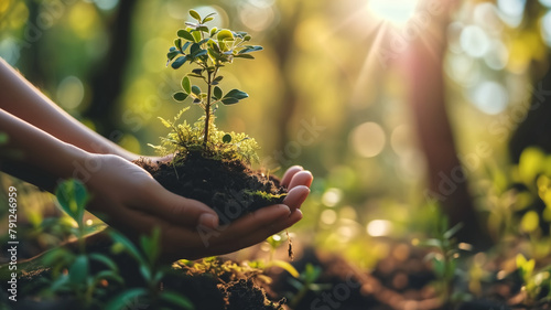 Hands holding a young plant with soil. Reforestation and Earth Day concept, nurturing growth. Design for environmental campaigns, conservation education, and sustainability promotions. 