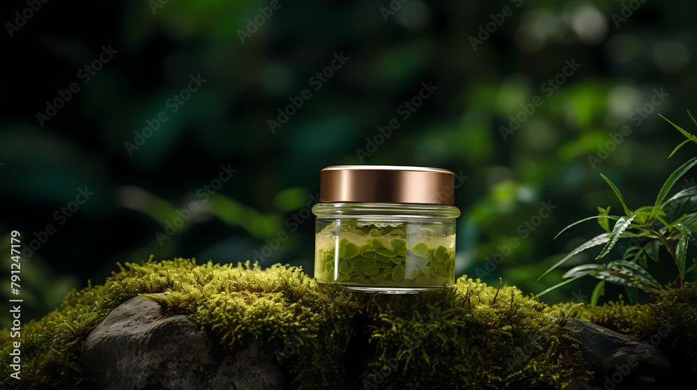 A bottle of skin care products in the forest, surrounded by green plants and moss A bottle of skin care products in the forest, surrounded by green plants and moss