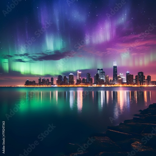 Aurora borealis, northern light over the cityscape.