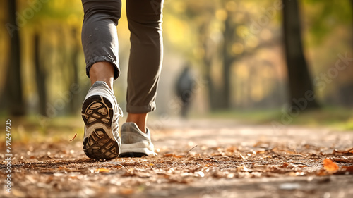 Person walking in a park with autumn leaves on the ground. Healthy lifestyle and fitness concept, change of seasons theme. Design for outdoor activity promotions, health and wellness content. photo