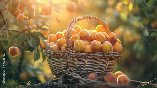 Golden apricots piled high in a woven basket, their velvety skins glowing in the sunlight as they await eager hands to pluck them for a sweet summer snack.