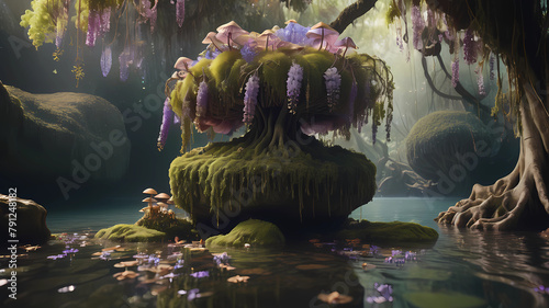 3D photo of an art piece floating in the air. The big rock with magic flowers and mushrooms, moss, wisteria, is tied to the roots of a banyan river. Taken on a Medium Format Camera with ambient lighti photo