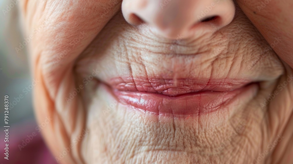 A closeup of an elderly womans smiling lips adorned with thin delicate lines a symbol of a life filled with love and happiness. . A closeup of an elderly womans smiling lips adorned with thin delicate lines a symbol of a life filled with love and happiness. .