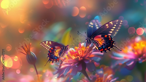 Butterflies with Ethereal Glow. Two butterflies with translucent wings fluttering over blossoming flowers, imbued with an ethereal glow.