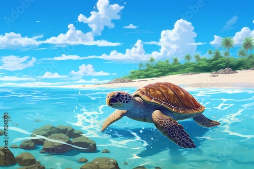 cartoon illustration  a turtle is walking on the beach