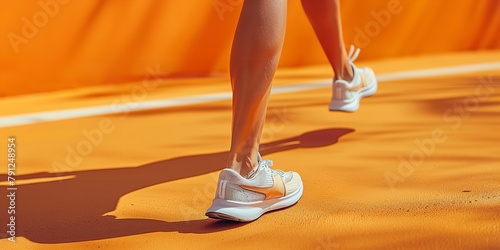 Portrait of sportive woman's muscled legs running with a clean backdrop with a big space for text or sports type product advertisement, Generative AI.