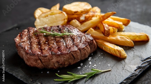 Close up of steak and fries on slate photo