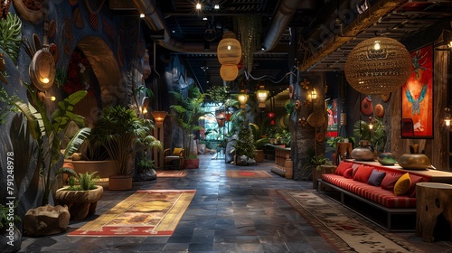 Exotic Themed Restaurant Interior with Lush Greenery and Eclectic Decor