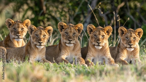 Lion Cubs Lying Together in Grass. Four adorable lion cubs lounging in the grass, showcasing their innocence and sibling bond in the wild. photo