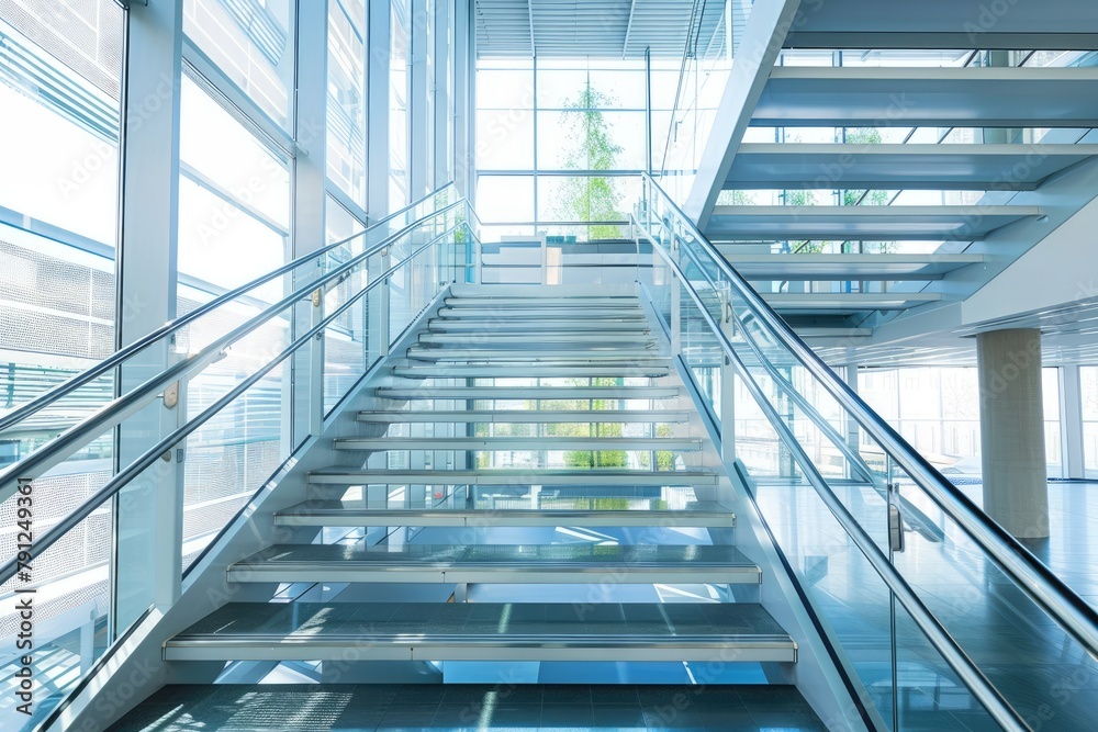 Obraz premium Bright and airy modern office staircase bathed in natural sunlight, featuring clean lines and transparent elements.