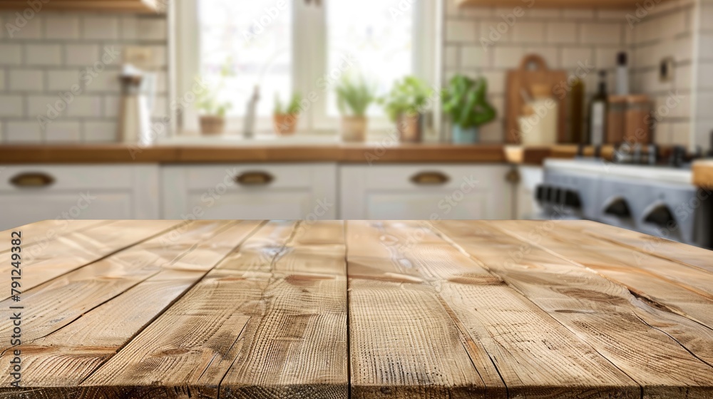 Blurred background of a homely kitchen featuring a rustic wooden worktop and natural light from the window. Blurred background of a homely kitchen featuring a rustic wooden worktop and natural light from the window.