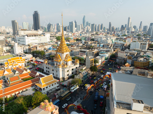 An aerial view of the Chinatown Gate and Traimit Withayaram temple, The most famous tourist attraction in Bangkok, Thailand. photo