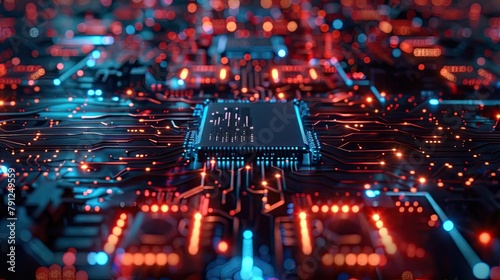 Close up of a microchip with electric pulses and blue light emissions