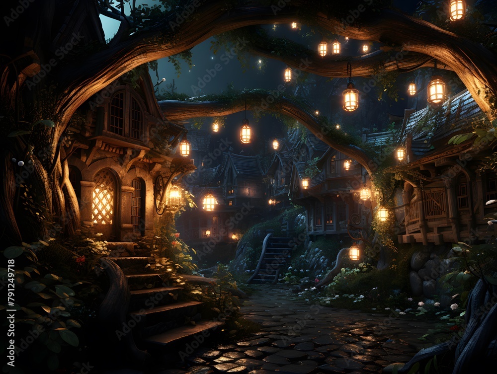 3d rendering of a halloween scene with trees, lanterns and stairs