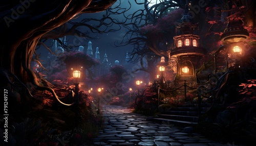 Halloween night scene with haunted house and full moon  3d illustration