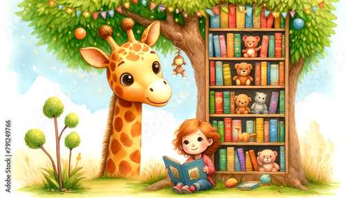 Watercolor illustration of a young child reading a book alongside a friendly giraffe. 