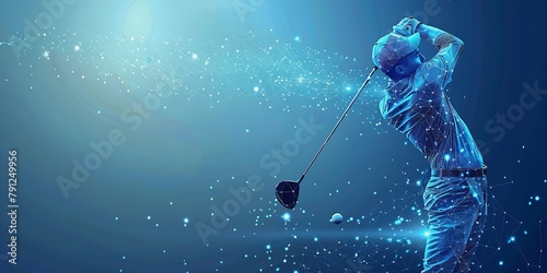 A modern art artwork depicting a man player pro  hitting a golf ball with a golf club  in a low polygonal layout over a setting  of blue geometric wireframe components and space  Generative AI.