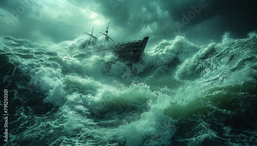 Stormy Seas: Noah's Ark Floating Amidst Turbulent Waters. Biblical Artistic Interpretation