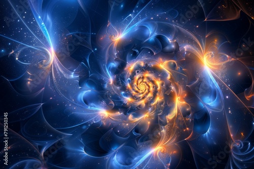 How about an abstract illustration where a vibrant blue spiral pattern emerges from the center, gradually expanding outward like ripples in a pond. Within the spiral, intricate fractal designs