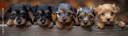 A group of puppies peeking over a fence