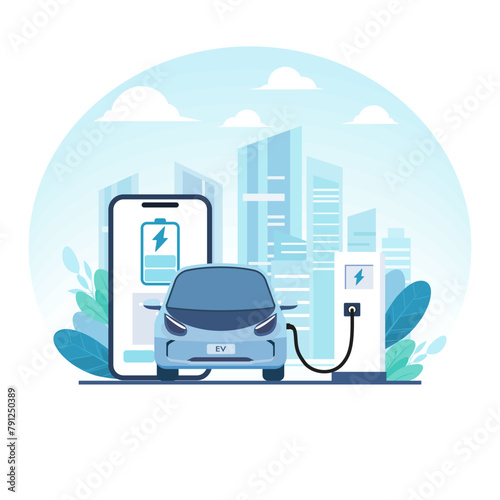 EV car is plugged into a charging station. The background is a cityscape. vector illustration