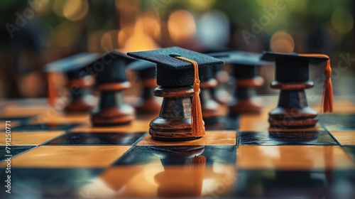 Miniature graduation hats arranged on a chessboard, strategic planning and education concept, focused and detailed shot