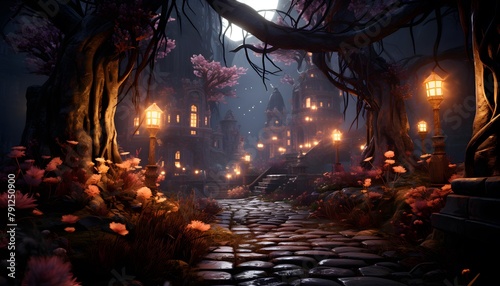 Halloween night scene with full moon, trees, cobblestone road and lanterns