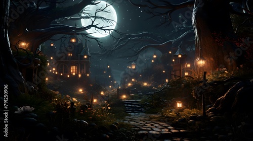 Halloween night scene with full moon and haunted house in dark forest. 3D Rendering