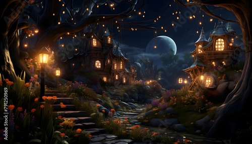 Fantasy landscape with castle  moon and stars. 3d illustration