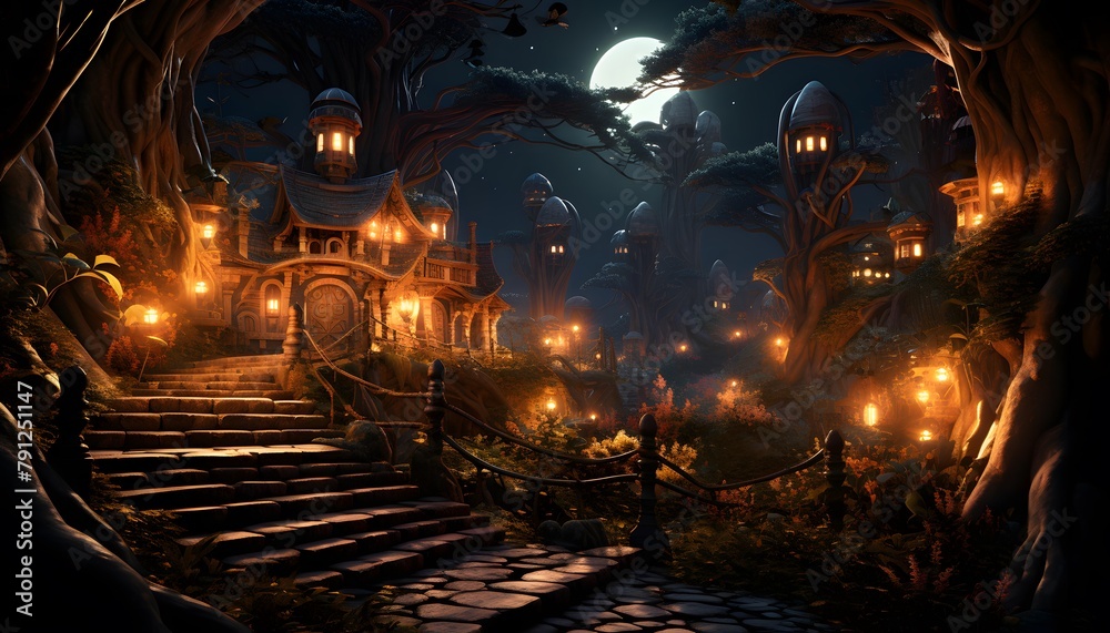 Mystical Halloween background with castle and stairs. 3d rendering